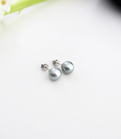 18k white gold black Tahitian pearl earrings silver grey