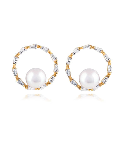 18k Yellow Gold Vermeil Halo Freshwater Pearl Earrings Sparkling Cubic Zirconia White
