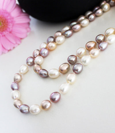 Multicolour Long Pearl Necklace Sterling Silver Close-up View