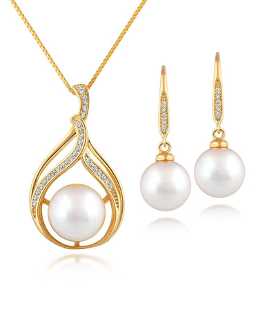 Bella 18k Yellow Gold Vermeil Pearl Pendant Necklace and Earrings Set with Sparkling White Zirconia