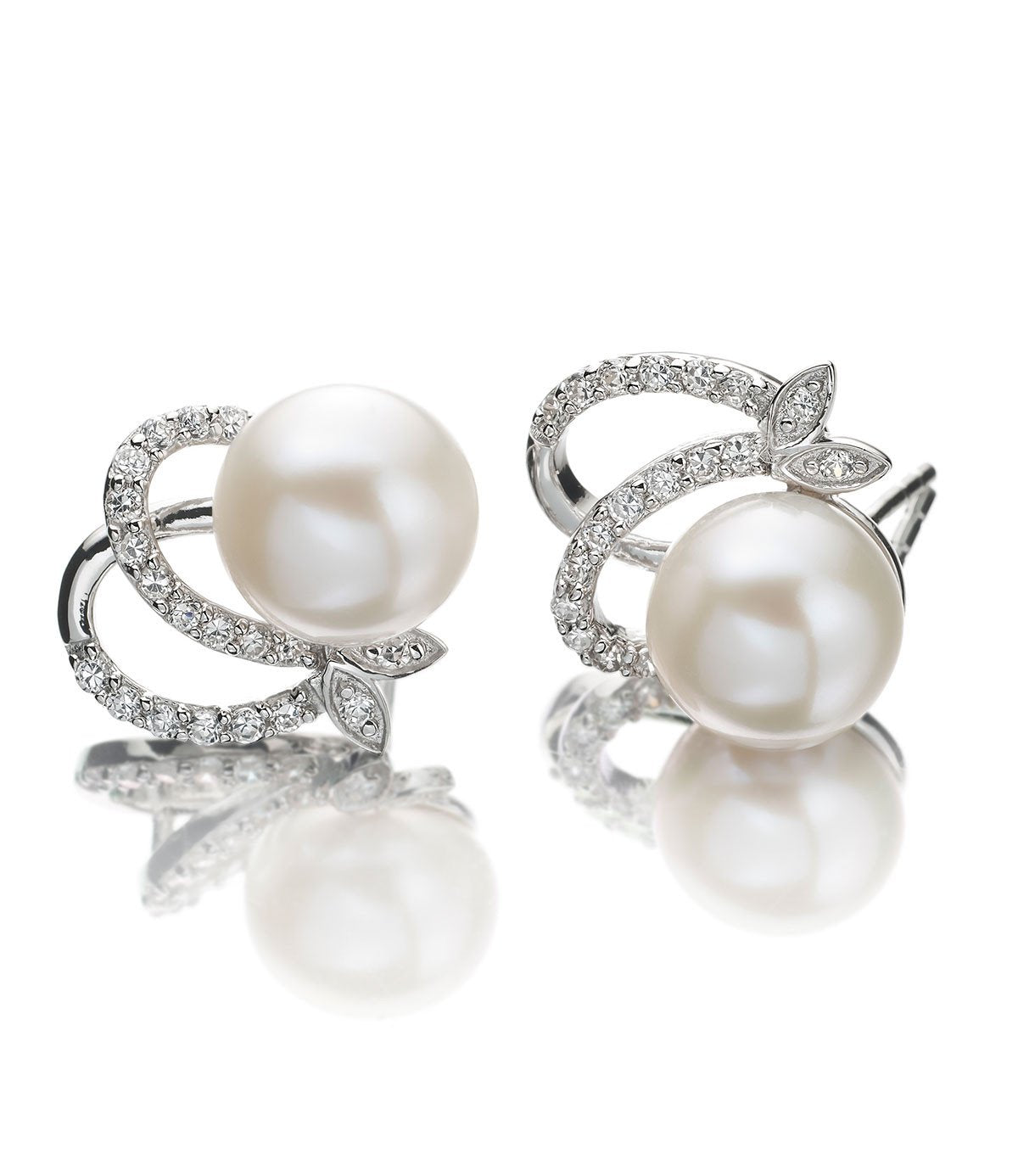 Callista Pearl Stud Earrings in Sterling Silver with Rhodium Plating and Cubic Zirconia