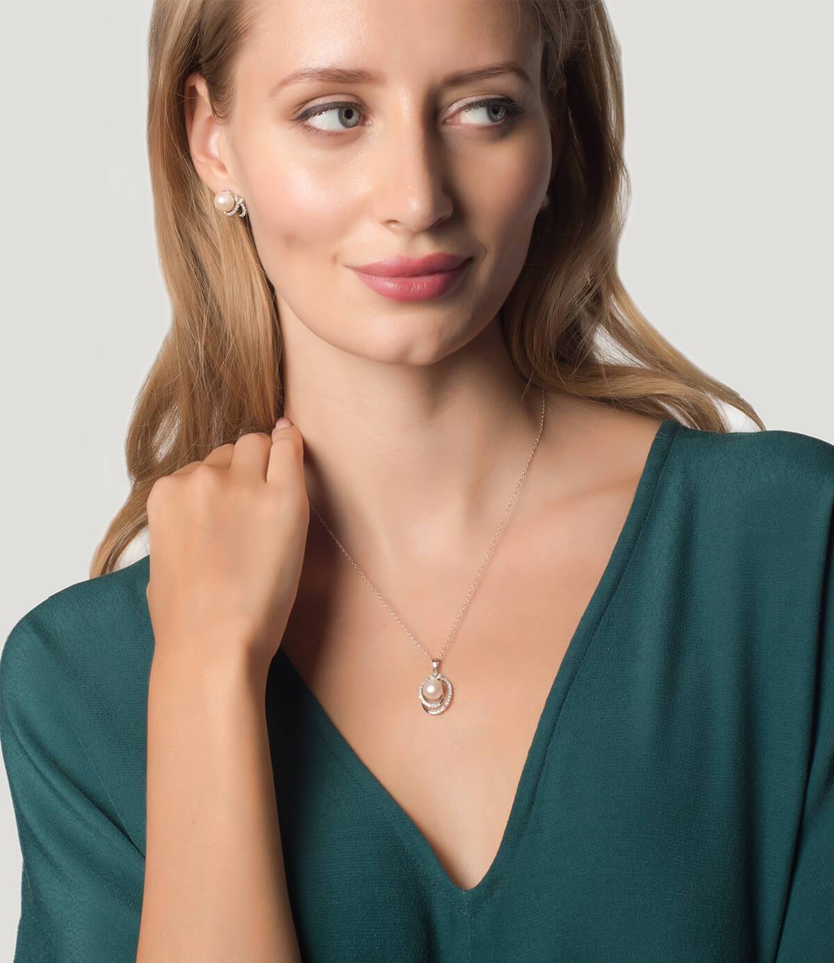 Callista Freshwater Pearl Pendant Necklace and Earrings Set in Sterling Silver