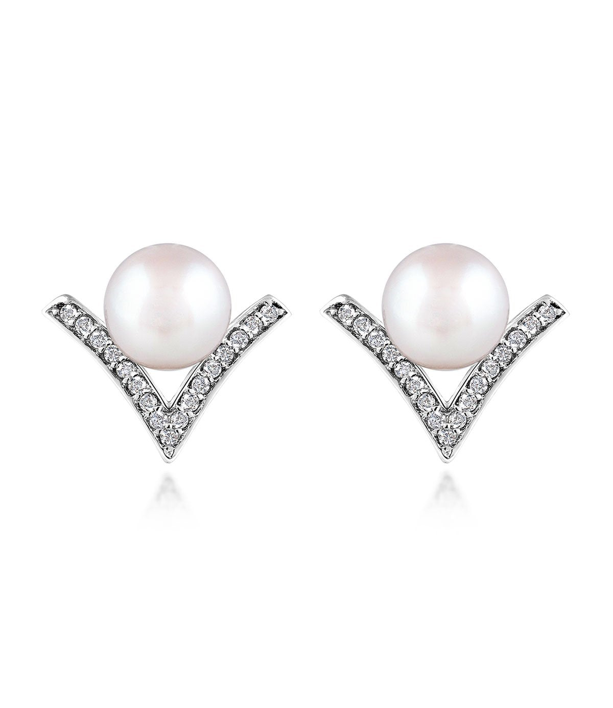 Dew Drop Pearl Stud Earrings in Rhodium Plated Sterling Silver with Cubic Zirconia