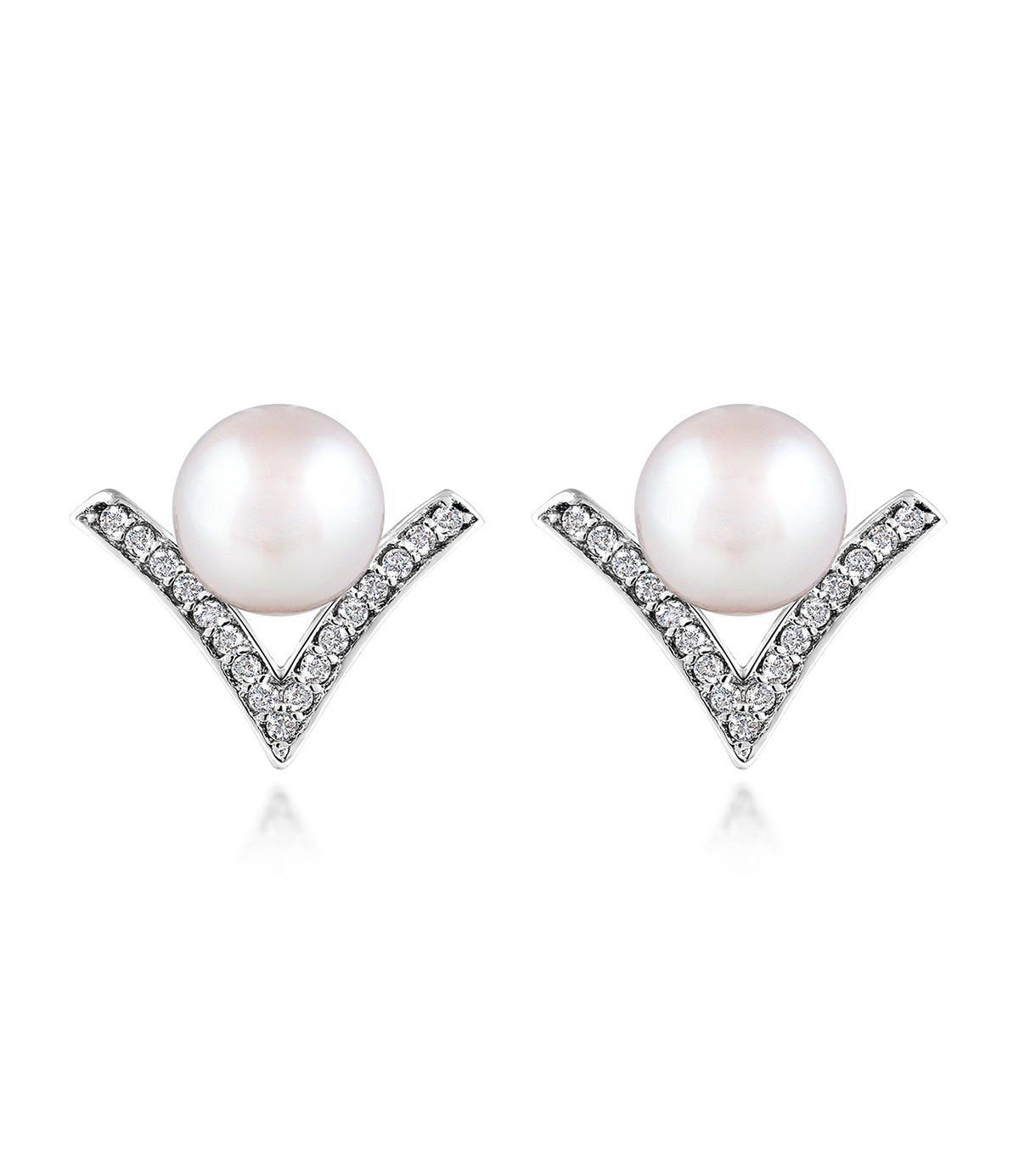Dew Drop Pearl Stud Earrings in Rhodium Plated Sterling Silver with Cubic Zirconia