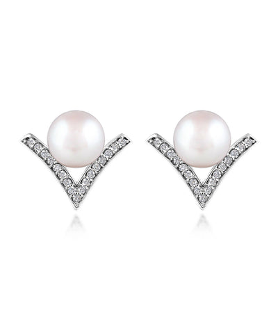 Dew Drop Pearl Stud Earrings in Rhodium Plated Sterling Silver with Cubic Zirconia