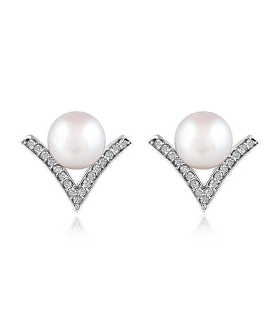 Dew Drop Pearl Stud Earrings in Rhodium Plated Sterling Silver with Cubic Zirconia