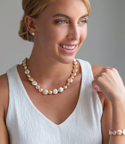 Peach Freshwater Pearl Earrings and Necklace in Sterling Silver