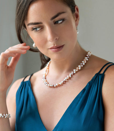 Pearl Necklace Leaf Multicolor Freshwater in Sterling Silver