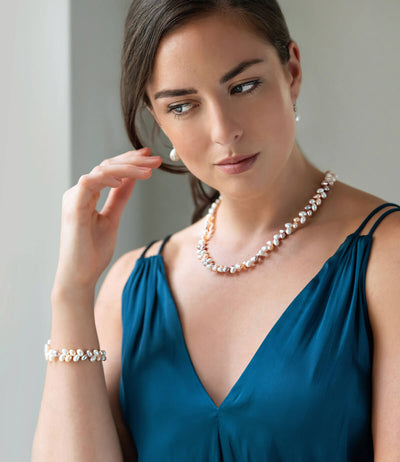 Leaf Pearl Necklace and Bracelet Freshwater Multicolor in Sterling Silver