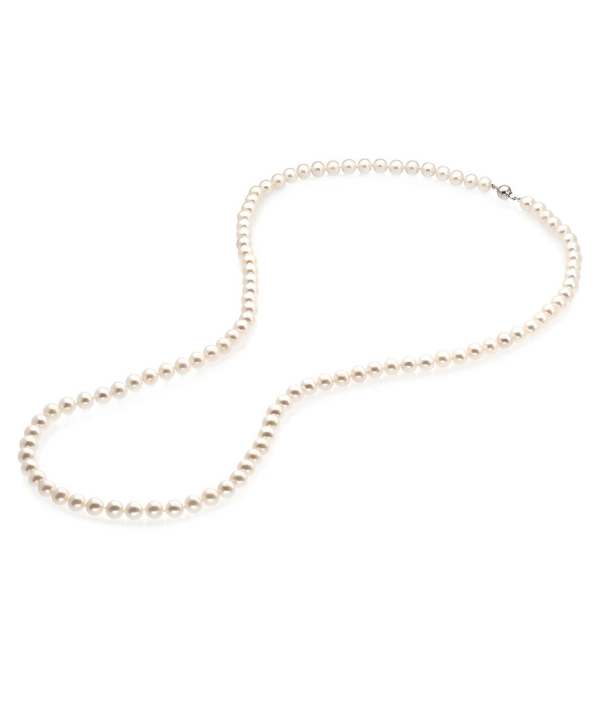Long Pearl Necklace with Sterling Silver Ball Clasp