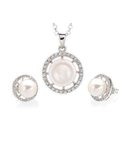 Luna Freshwater Pearl Necklace and Earrings Set Sterling Silver