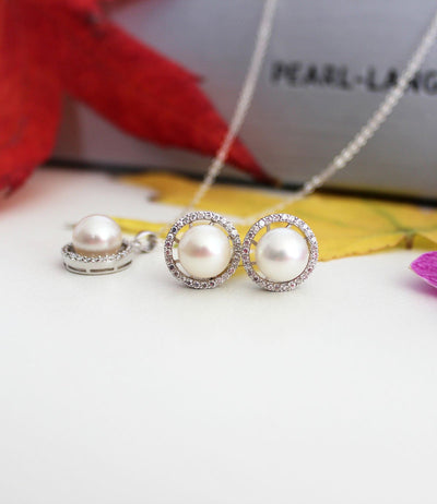 Pearl Pendant Necklace and Earrings Set White Sterling Silver Real Life View