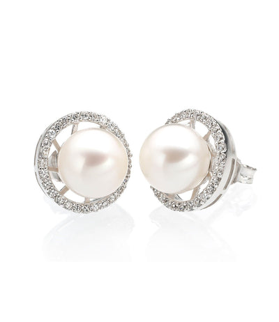 Pearl Stud Earrings Sterling Silver with Cubic Zirconia