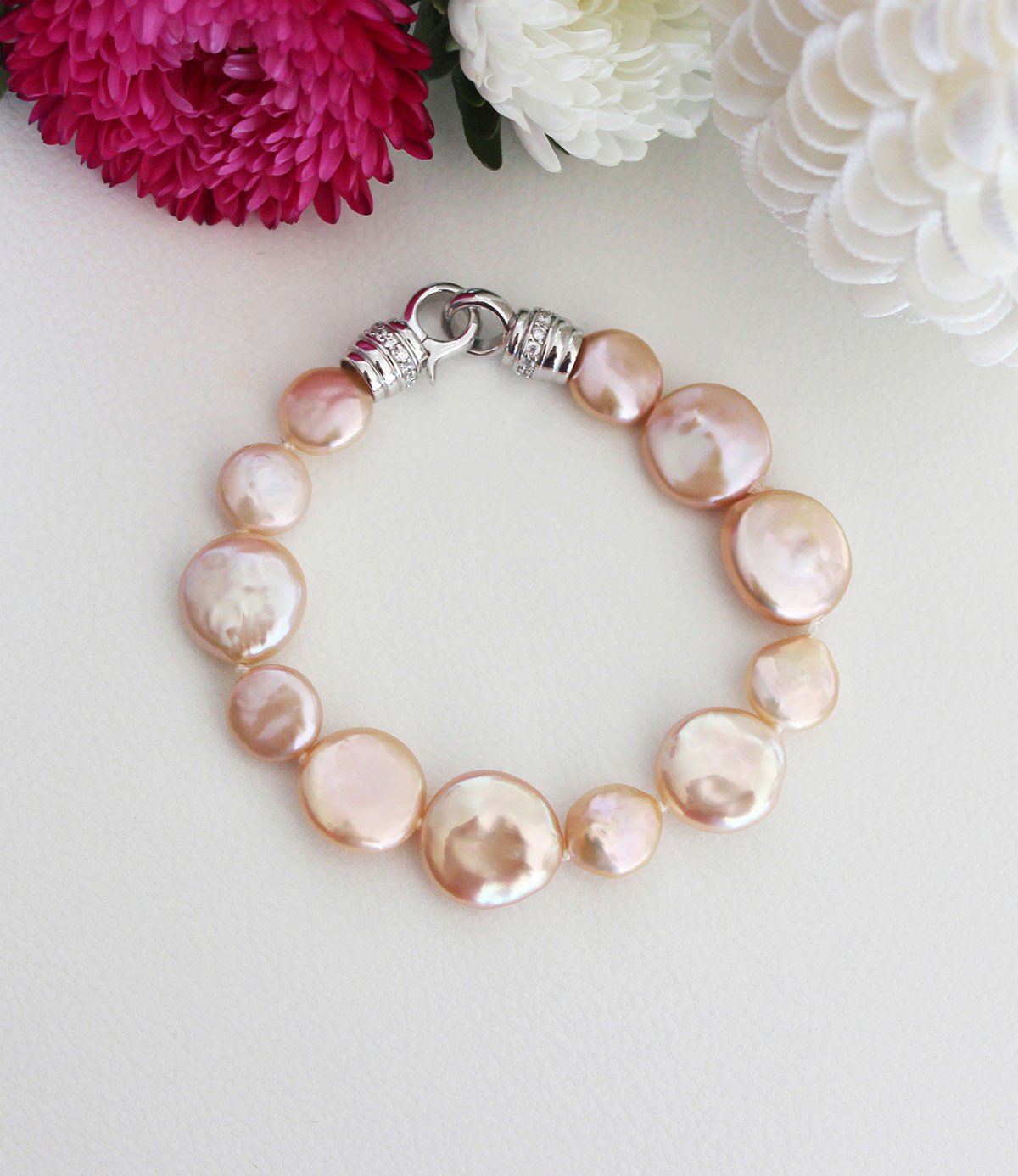 Pearl Bracelet with Rhodium Plated Sterling Silver Freshwater Peach Baroque Pearls