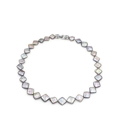 Statement Necklace Edgy Grey Square Baroque Pearls Metallic Shine Sterling Silver Sparkling Cubic Zirconia