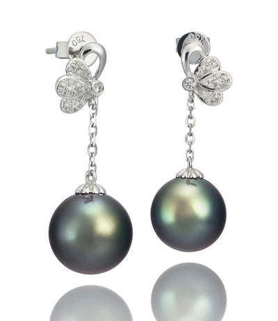 Rare Tahitian Pearl and Diamond Drop Earrings 18k White Gold
