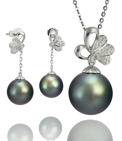 Luxury Black Tahitian Pearl Diamond Necklace and Earrings Set in 18k White Gold