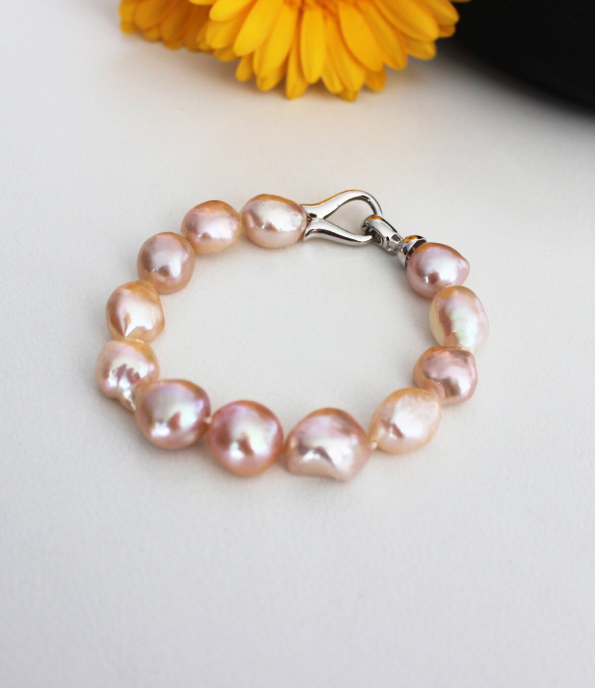 Peach Baroque Pearl Bracelet Rhodium Plated Sterling Silver Clasp
