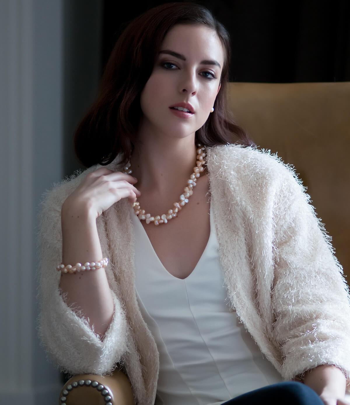 Pearl Bracelet Statement Baroque Peach with Necklace