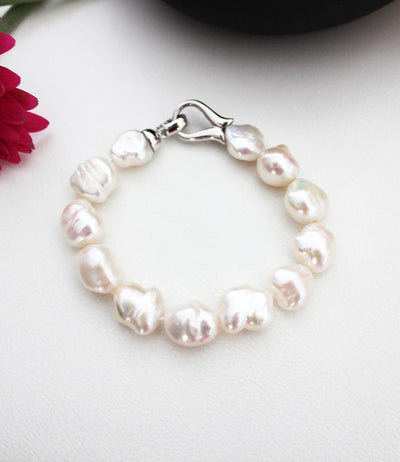 Sterling Silver Bracelet with White Keshi Baroque Pearls