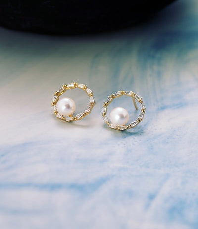 halo pearl stud earrings 18k yellow gold vermeil